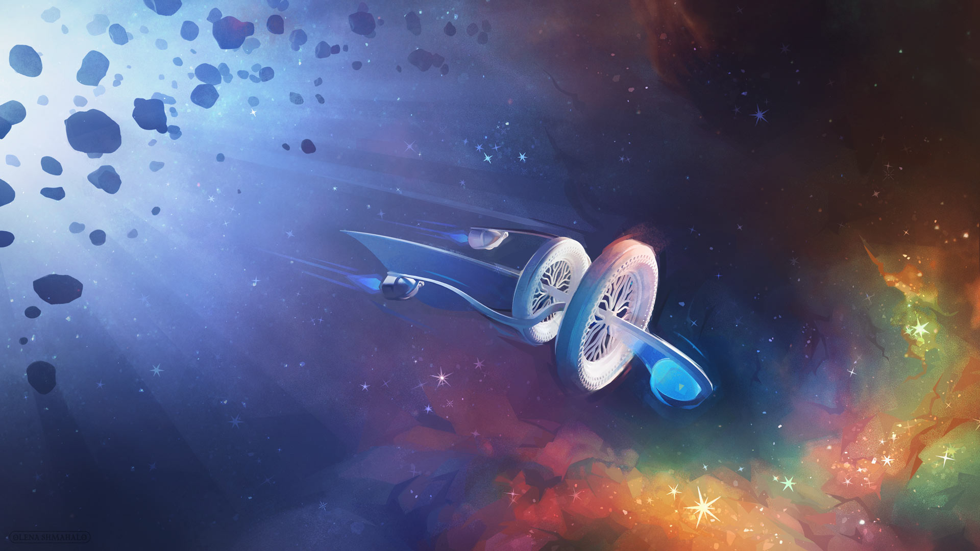 Digital painting of a starship flying out of an asteroid field and into a colorful molecular cloud. This generation ship's body is shaped like a maple seed, intersected by two large wheels that would generate artificial gravity along their interior. Art by Olena Shmahalo for Symmetry Magazine.