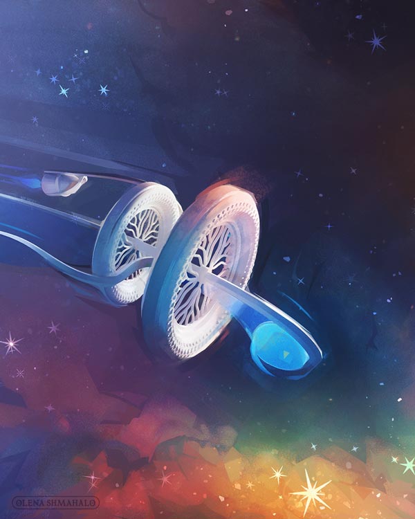 Thumbnail: Digital painting of a starship flying into colorful nebulae. This generation ship's body is shaped like a maple seed, intersected by two large wheels that would generate artificial gravity along their interior. Art by Olena Shmahalo for Symmetry Magazine.