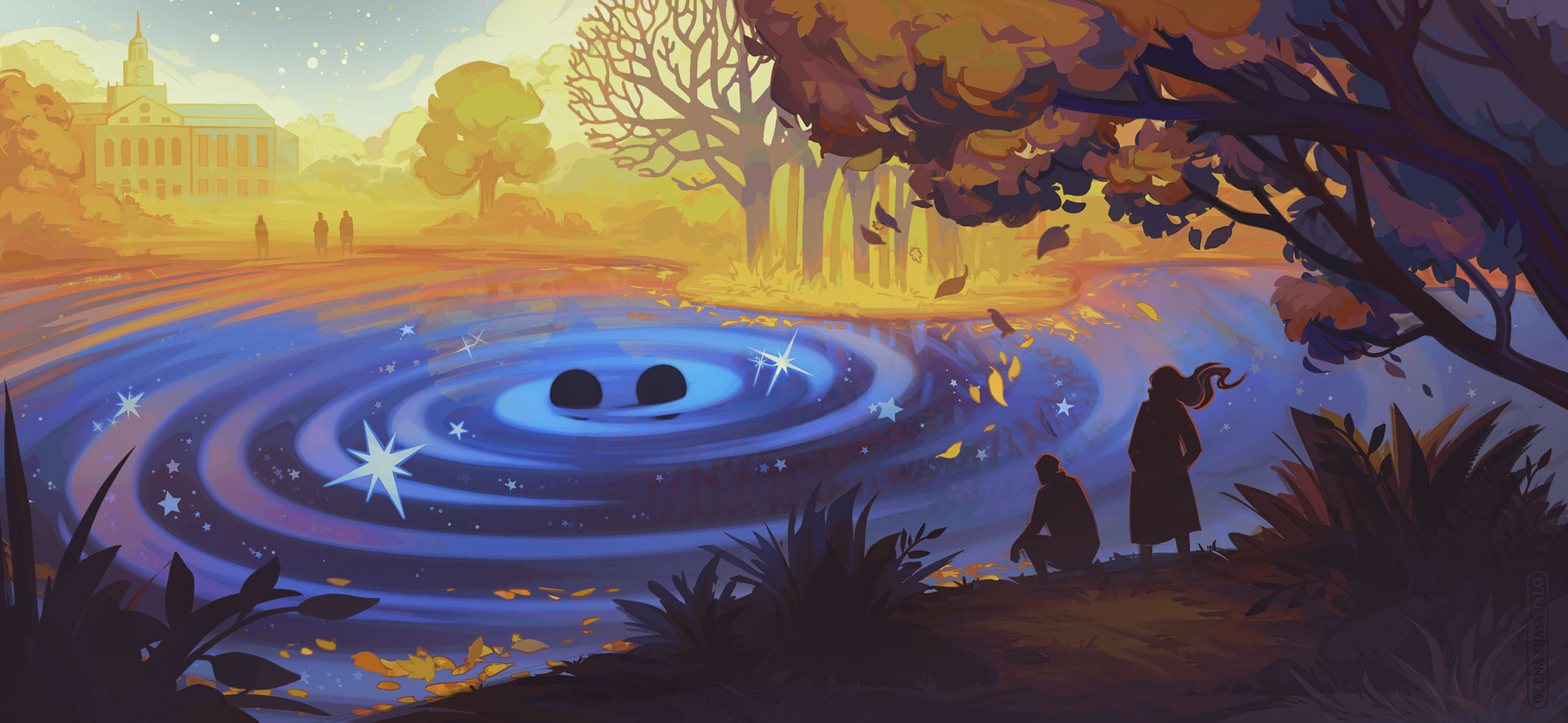 Stylized illustration of an autumnal scene at the famous Institute Pond at the Institute for Advanced Study. Silhouettes of people around the pond observe a strange event in the dark, star-filled water: two orbiting black holes create ripples, symbolizing gravitational waves. Art by Olena Shmahalo for The Institute Letter.