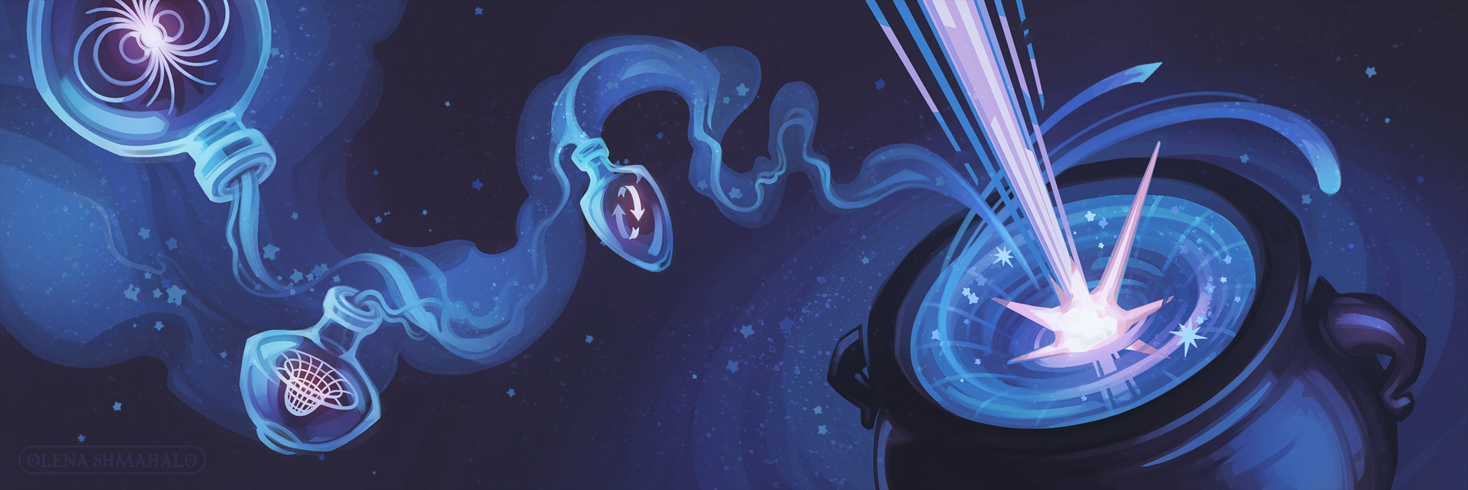 Stylized illustration of ingredients (magnetism, gravity, rotation) flowing out of their vials and pouring into an AGN (Active Galactic Nucleus, e.g. quasar) inside a cauldron in space. Art by Olena Shmahalo for BBC Science Focus.