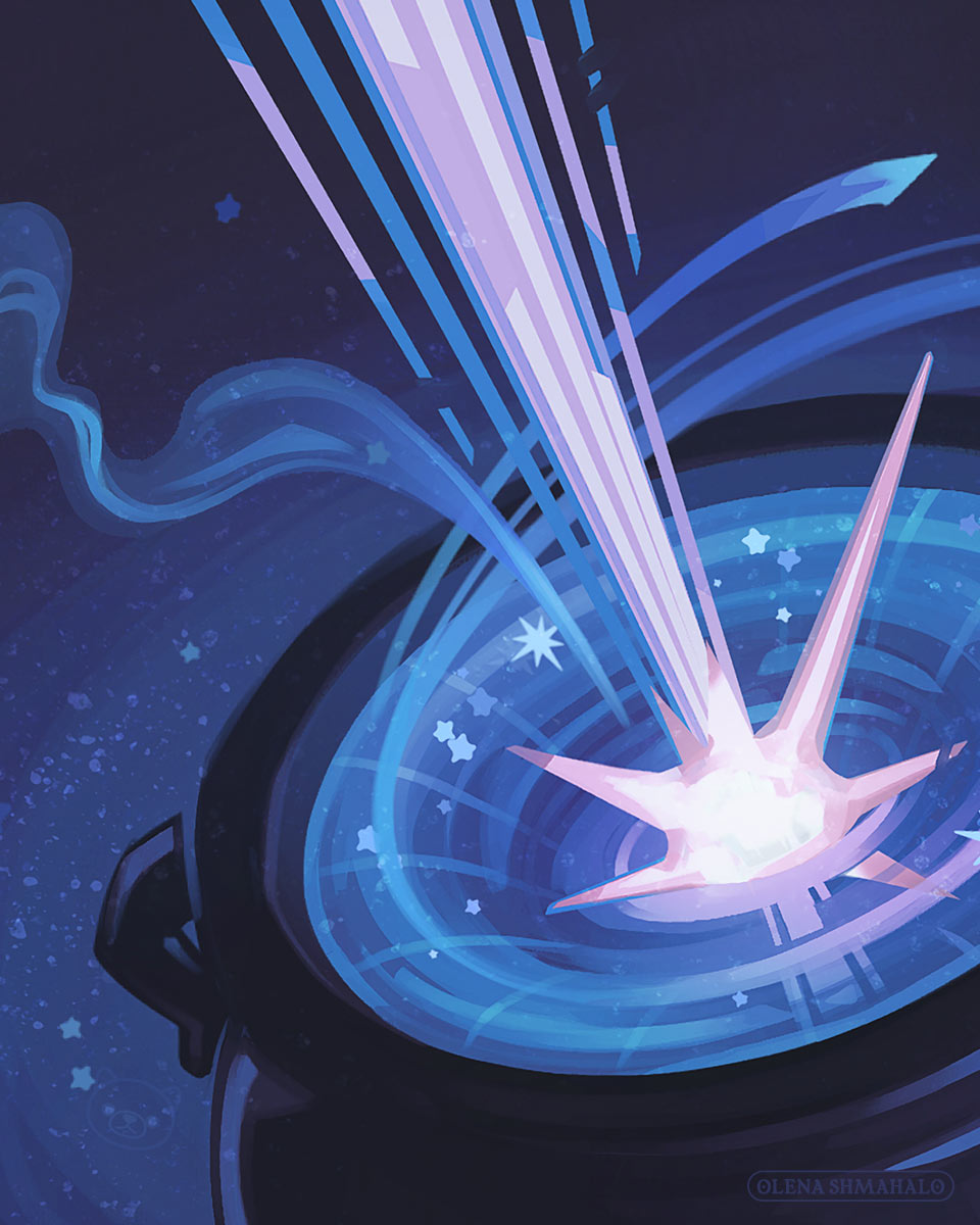Crop: stylized illustration of an AGN (Active Galactic Nucleus, e.g. quasar) inside a cauldron in space. Art by Olena Shmahalo for BBC Science Focus.