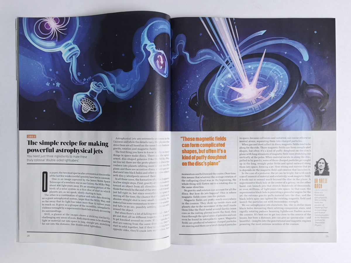 Photo of a spread in BBC Science Focus magazine, of an article by Dr. Katie Mack titled: The simple recipe for making astrophysical jets. At the top is a stylized illustration of ingredients (magnetism, gravity, rotation) flowing out of their vials and pouring into an AGN (Active Galactic Nucleus, e.g. quasar) inside a cauldron in space. Art by Olena Shmahalo for BBC Science Focus.
