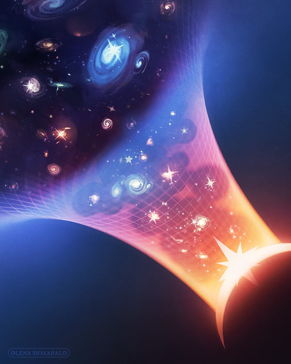 Crop: Stylized, conceptual illustration of the cosmic dawn: a period roughly 100-200 million years after the Big Bang, when the first stars and galaxies started to form. These cosmic structures pour out of a funnel representing spacetime. The funnel, in turn, arises from a bright crescent with a starburst, which resembles a sun rising behind a planet in space. Art by Olena Shmahalo for Scientific American.