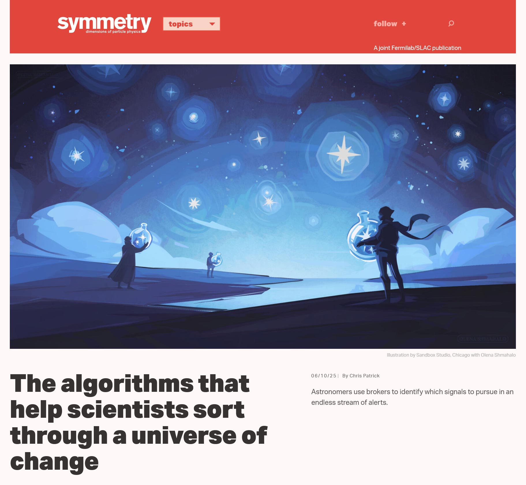 Screenshot of an article on Symmetry magazine: https://www.symmetrymagazine.org/article/the-algorithms-that-help-scientists-sort-through-a-universe-of-change