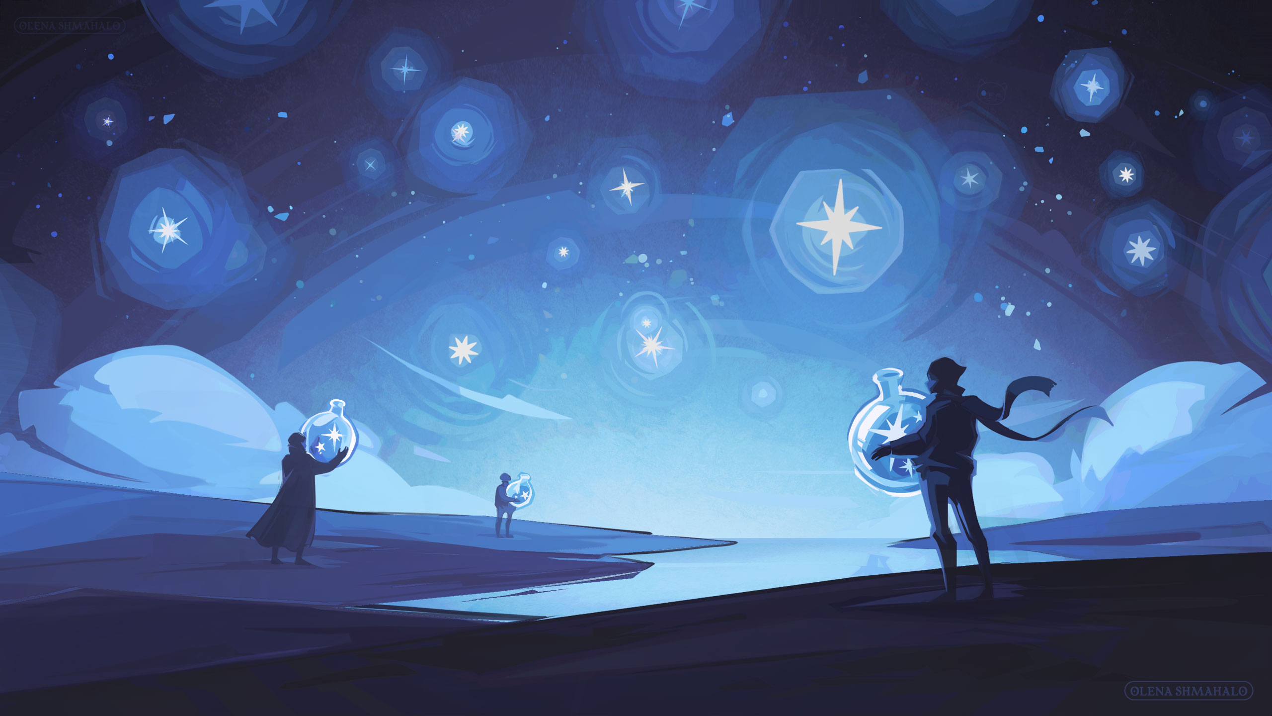 Illustration of figures silhouetted against a bright night sky, catching stars in large glass bottles. Art by Olena Shmahalo for Symmetry magazine.