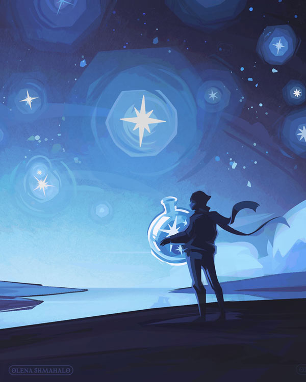 Crop of a stylized illustration of figures silhouetted against a bright night sky, catching stars in large glass bottles. Art by Olena Shmahalo for Symmetry magazine.